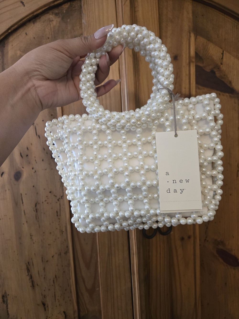 a new day Pearl Beaded White Handbag